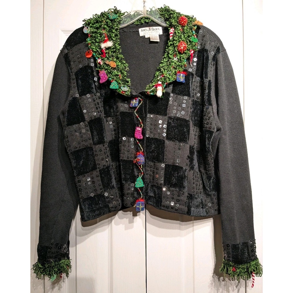 Jack B Quick Cardigan Sweater Women XL Ugly Xmas Beaded Sequin Fringe Cropped